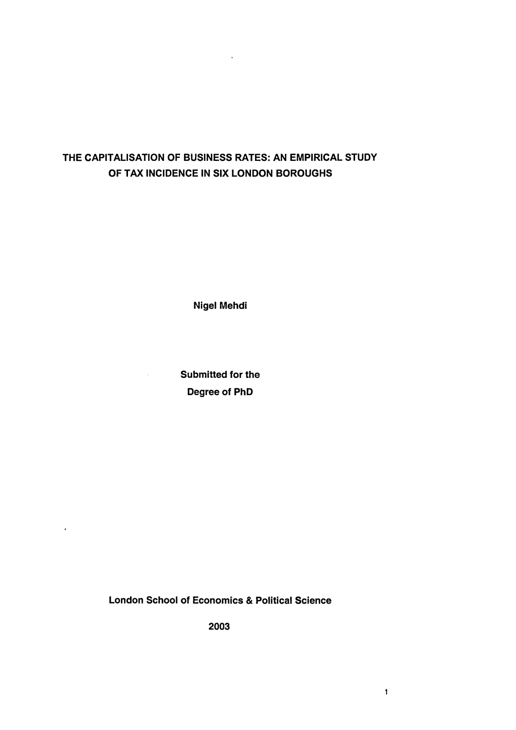 The Capitalisation of Business Rates: an Empirical Study of Tax Incidence in Six London Boroughs