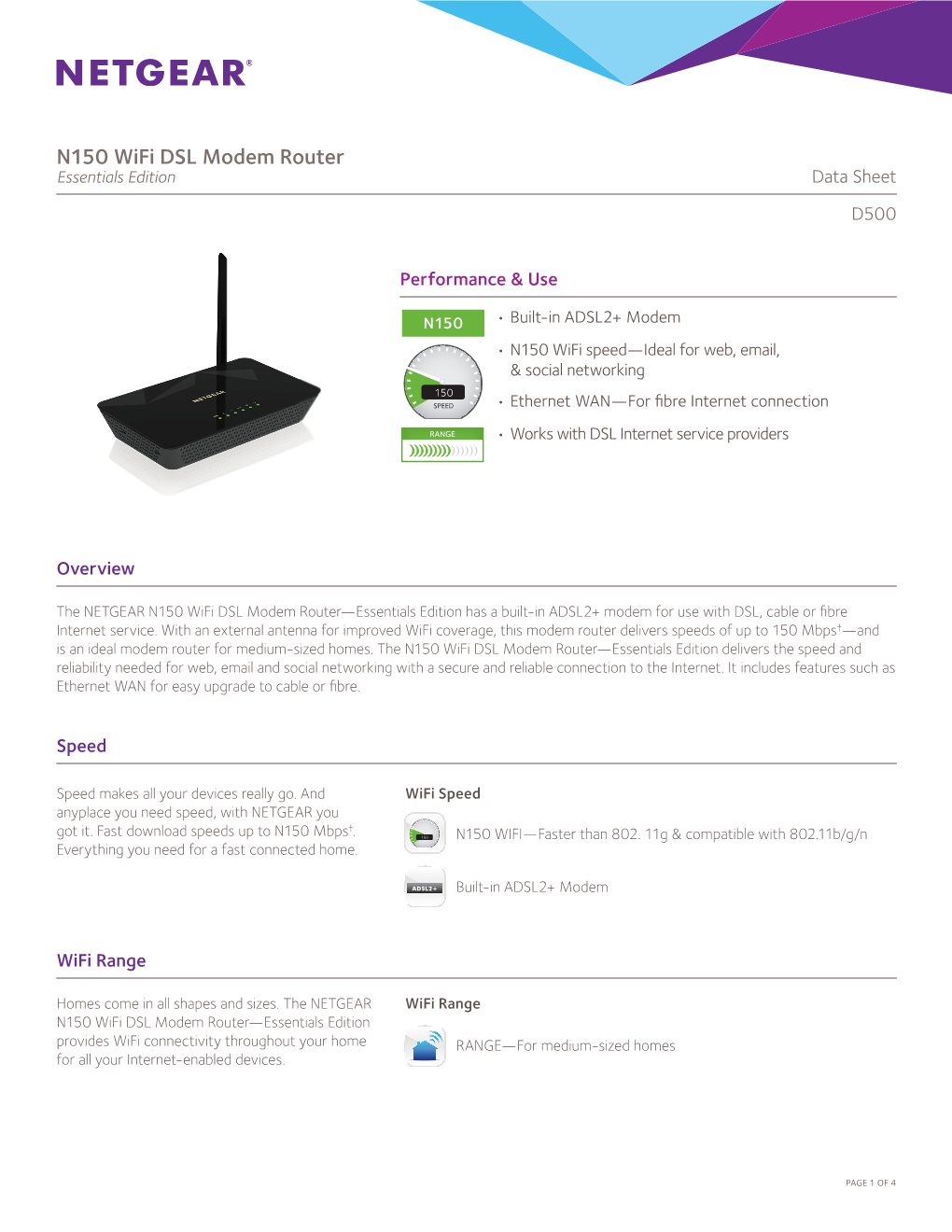 N150 Wifi DSL Modem Router Essentials Edition Data Sheet D500