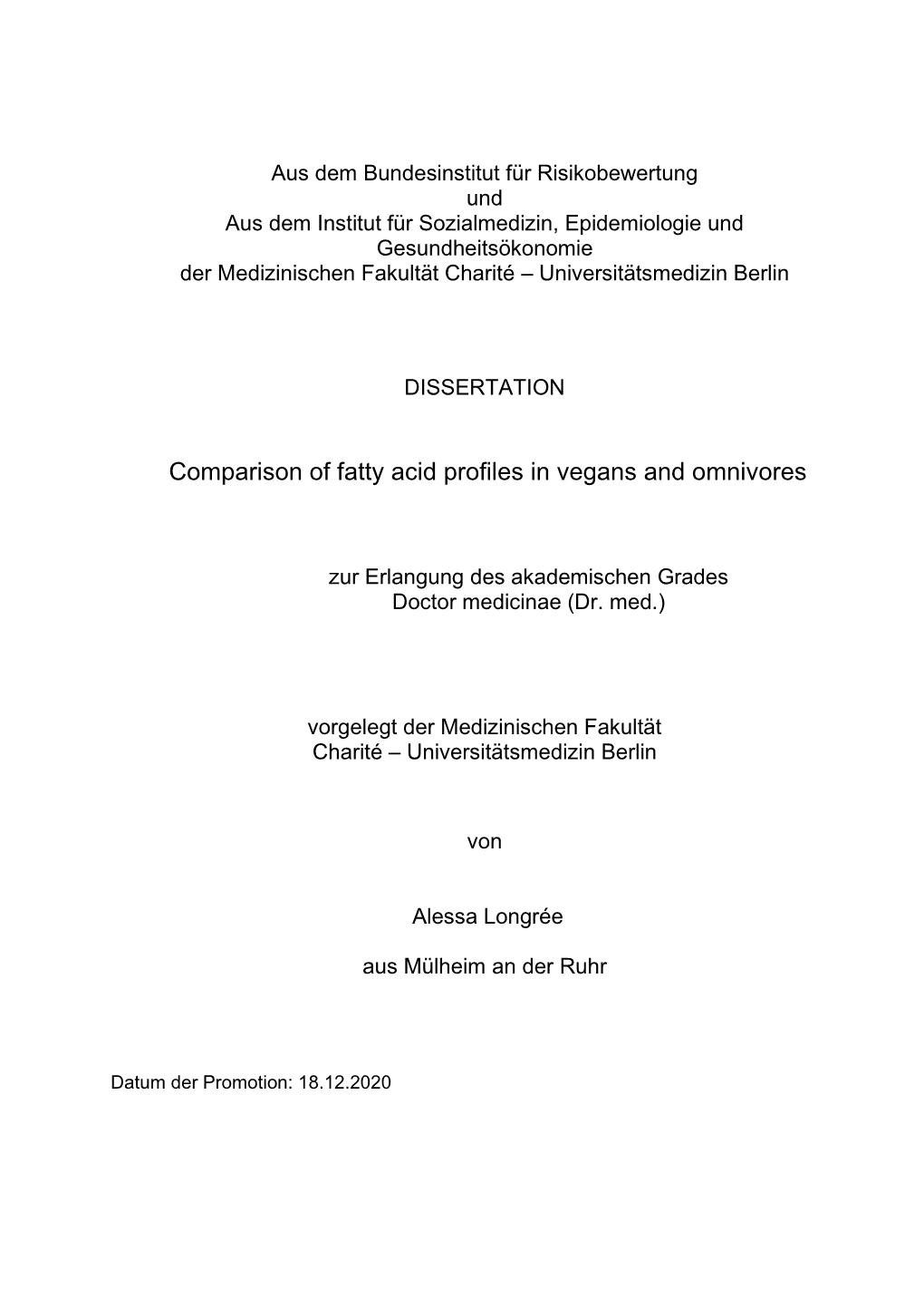 Comparison of Fatty Acid Profiles in Vegans and Omnivores