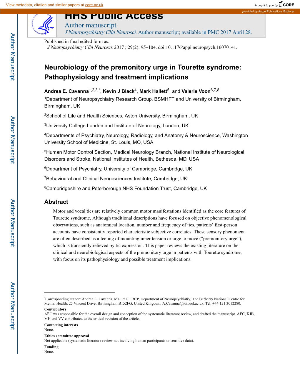 Neurobiology of the Premonitory Urge in Tourette Syndrome: Pathophysiology and Treatment Implications
