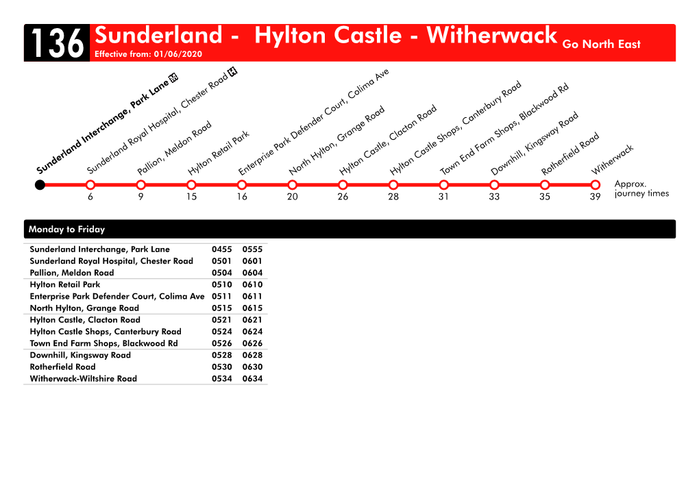 Sunderland - Hylton Castle - Witherwack Go North East 136 Effective From: 01/06/2020
