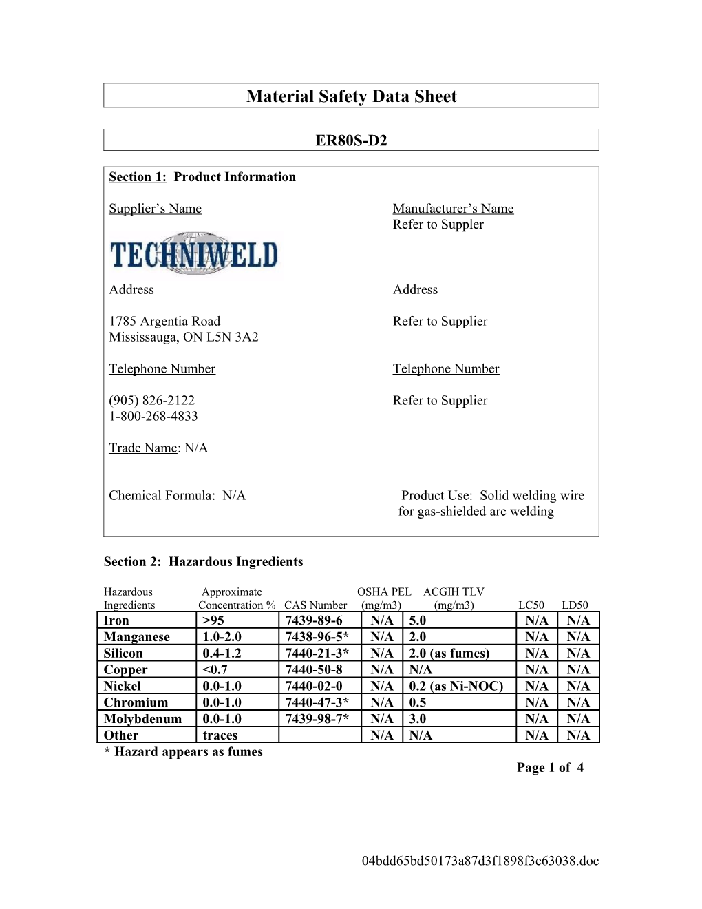 Material Safety Data Sheet/Fiche Signaletique