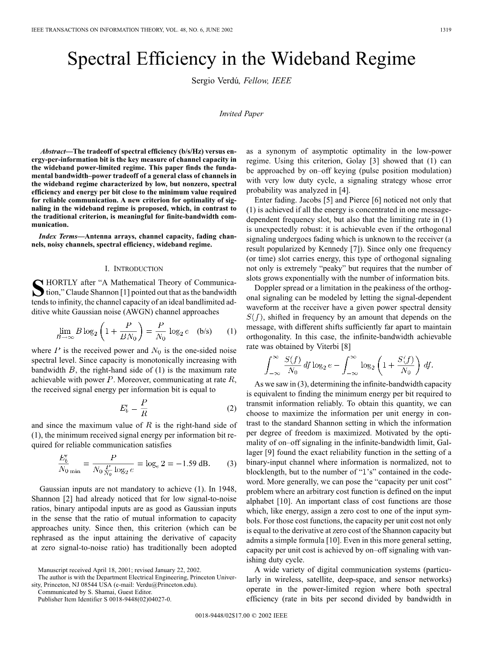 Spectral Efficiency in the Wideband Regime Sergio Verdú, Fellow, IEEE