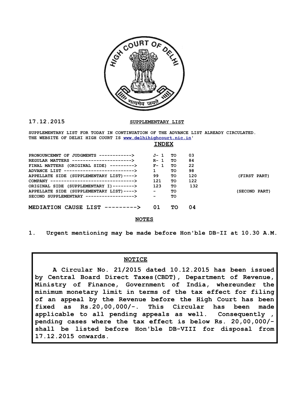 NOTICE a Circular No. 21/2015 Dated 10.12.2015 Has Been Issued By