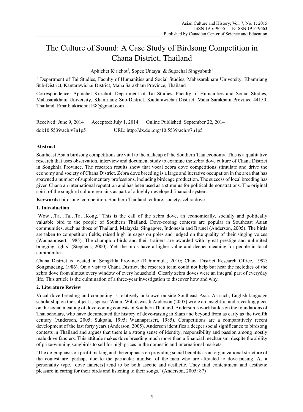 The Culture of Sound: a Case Study of Birdsong Competition in Chana District, Thailand