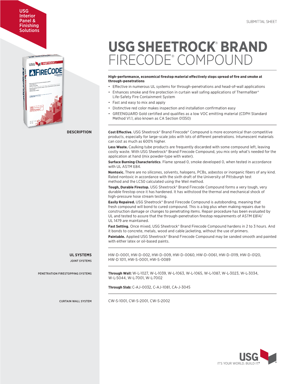 USG Firecode® Compound Submittal Sheet (English)