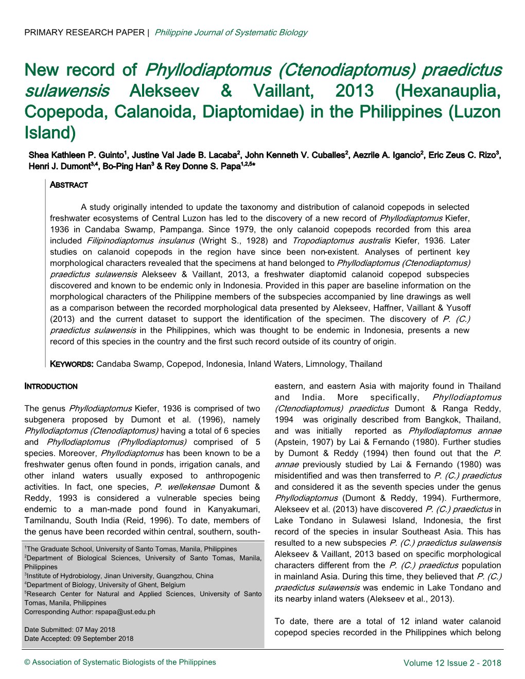 Ctenodiaptomus) Praedictus Sulawensis Alekseev & Vaillant, 2013 (Hexanauplia, Copepoda, Calanoida, Diaptomidae) in the Philippines (Luzon Island