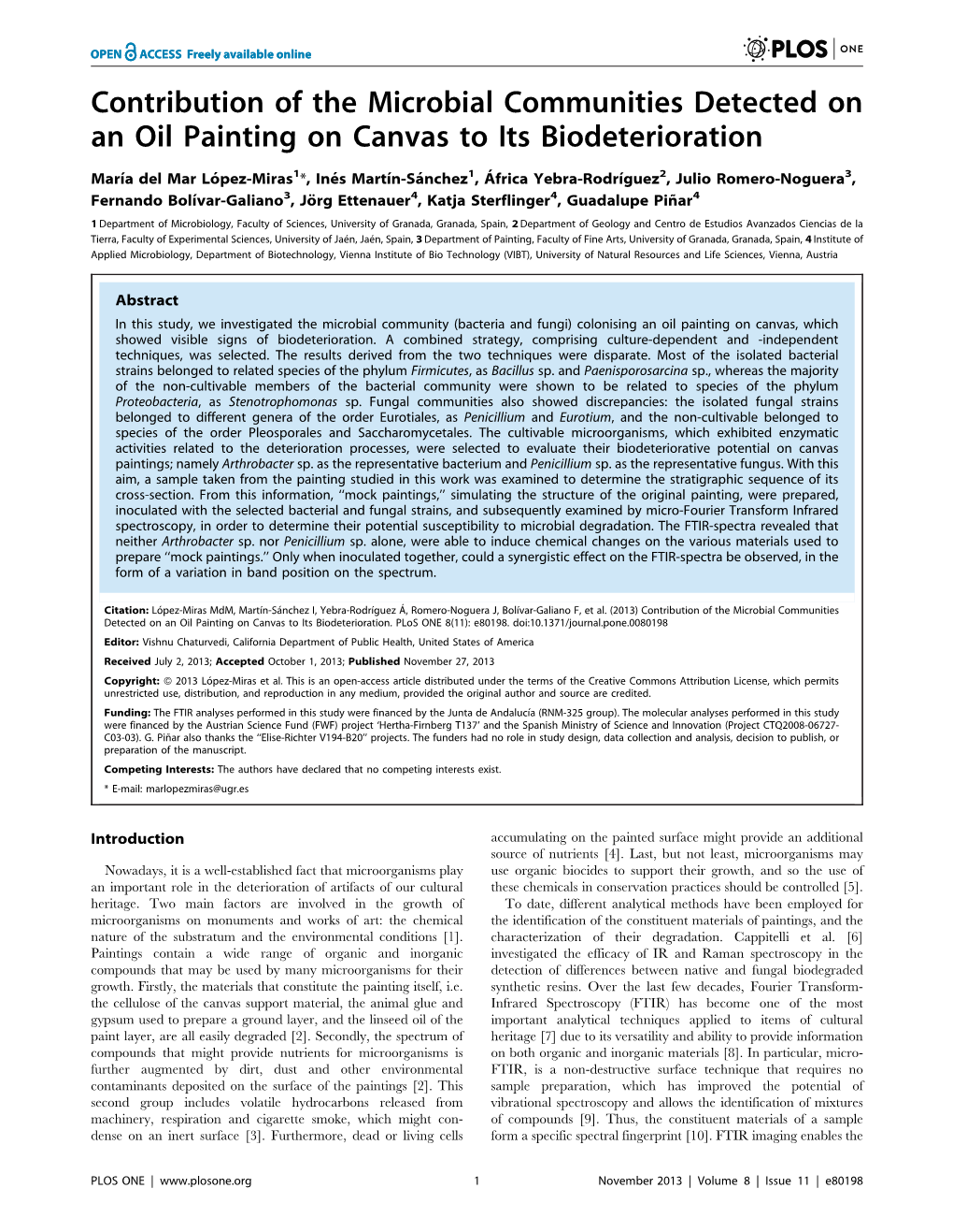 Contribution of the Microbial Communities Detected on an Oil Painting on Canvas to Its Biodeterioration