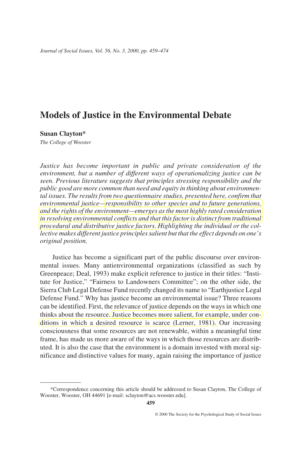 Models of Justice in the Environmental Debate