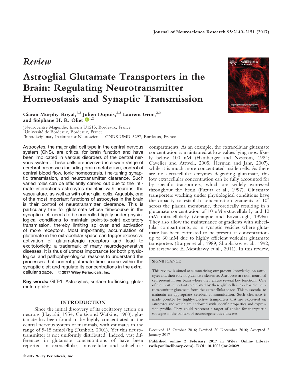 Astroglial Glutamate Transporters in the Brain: Regulating Neurotransmitter Homeostasis and Synaptic Transmission