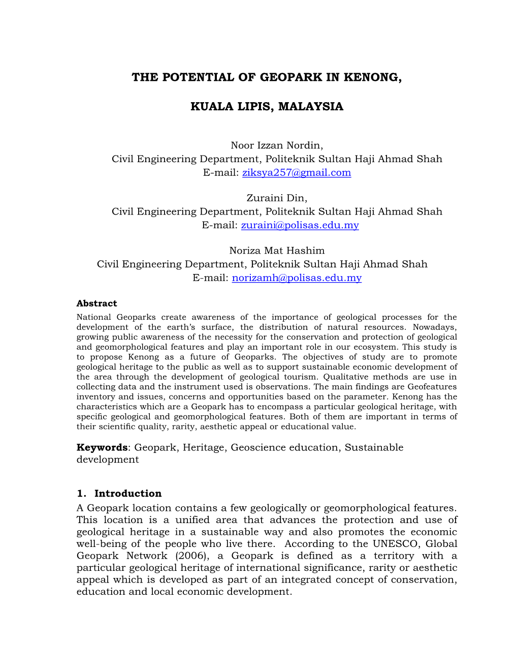 The Potential of Geopark in Kenong, Kuala Lipis, Malaysia