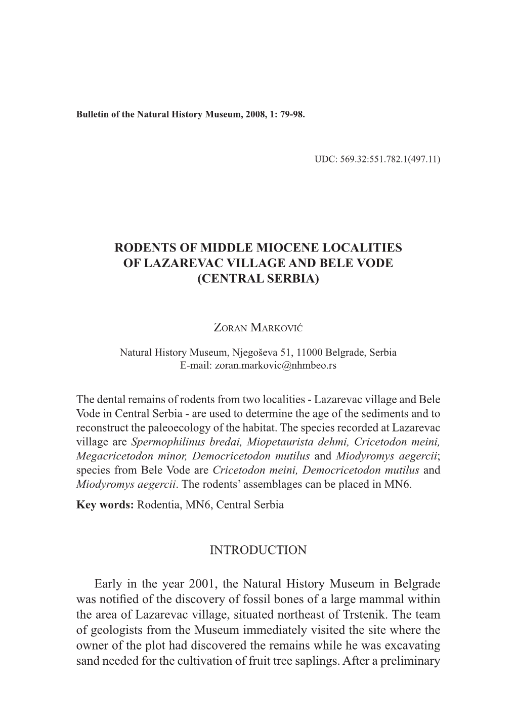 Rodents of Middle Miocene Localities of Lazarevac Village and Bele Vode (Central Serbia)