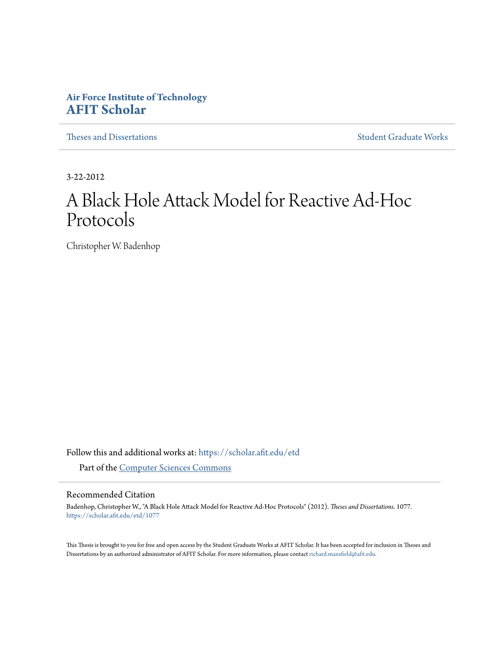 A Black Hole Attack Model for Reactive Ad-Hoc Protocols Christopher W