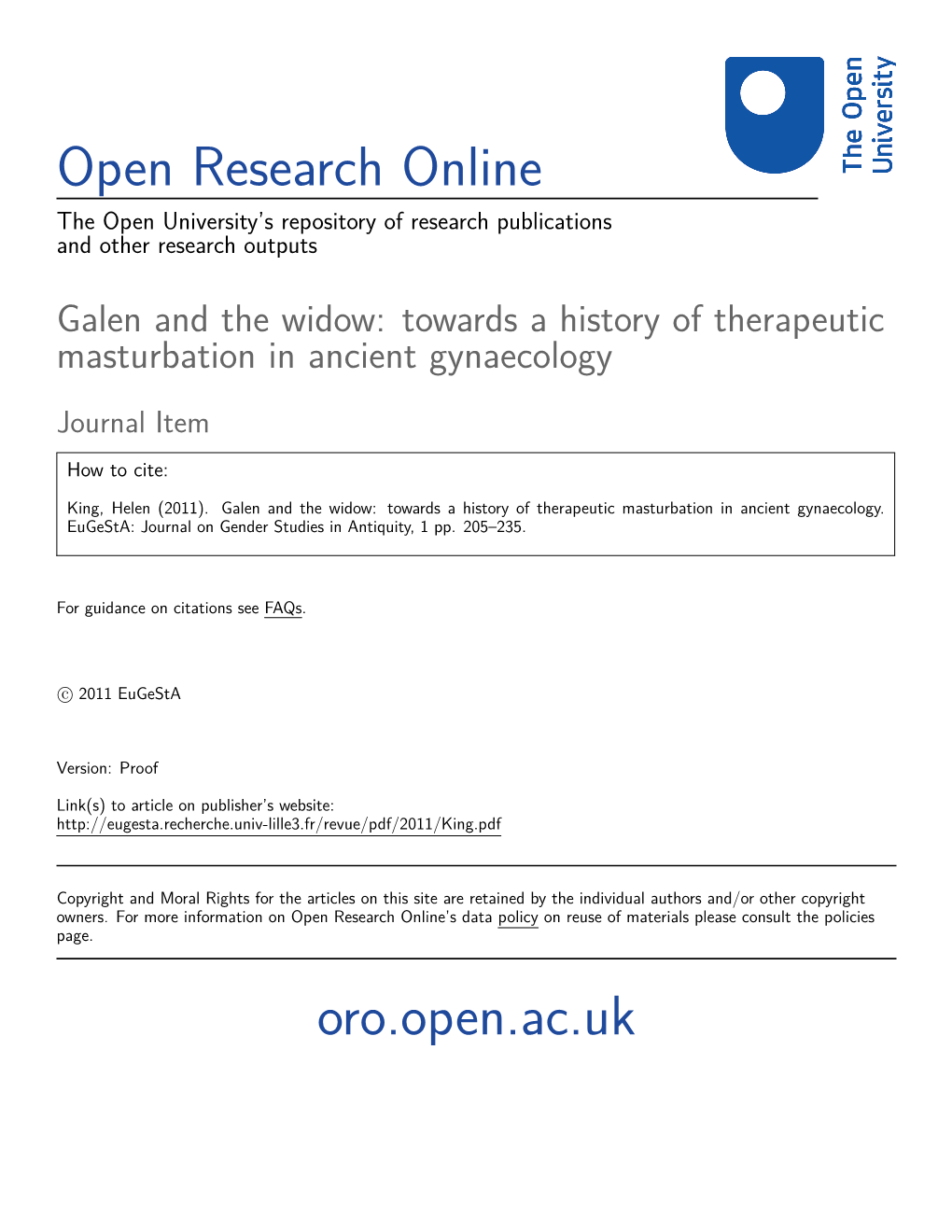 Galen and the Widow: Towards a History of Therapeutic Masturbation in Ancient Gynaecology