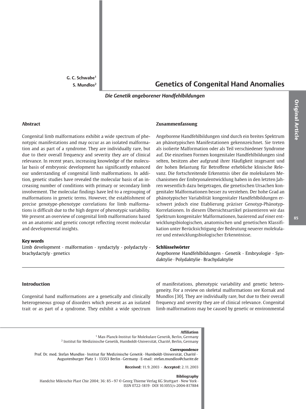 Genetics of Congenital Hand Anomalies