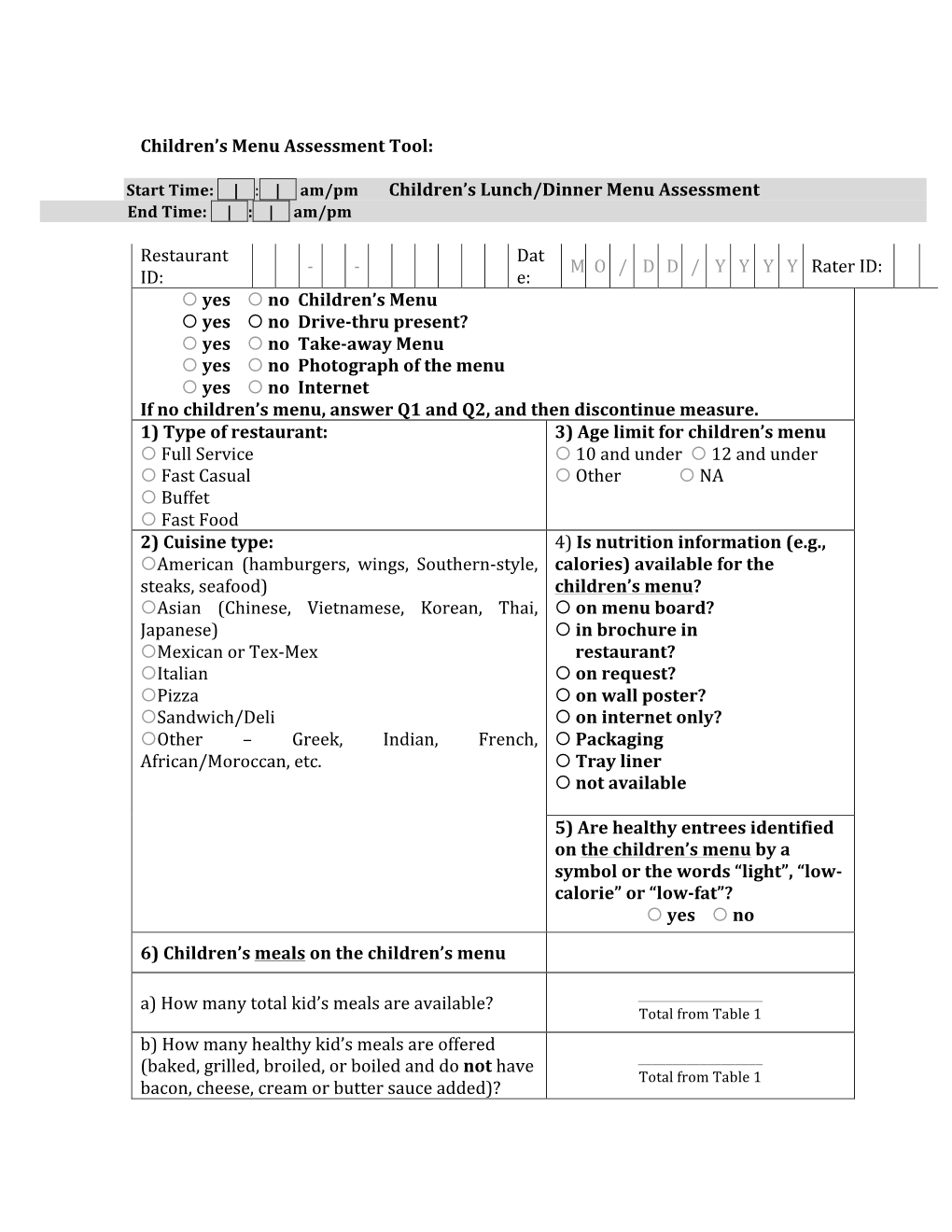 Children's Menu Assessment Tool: Restaurant ID: -‐ -‐