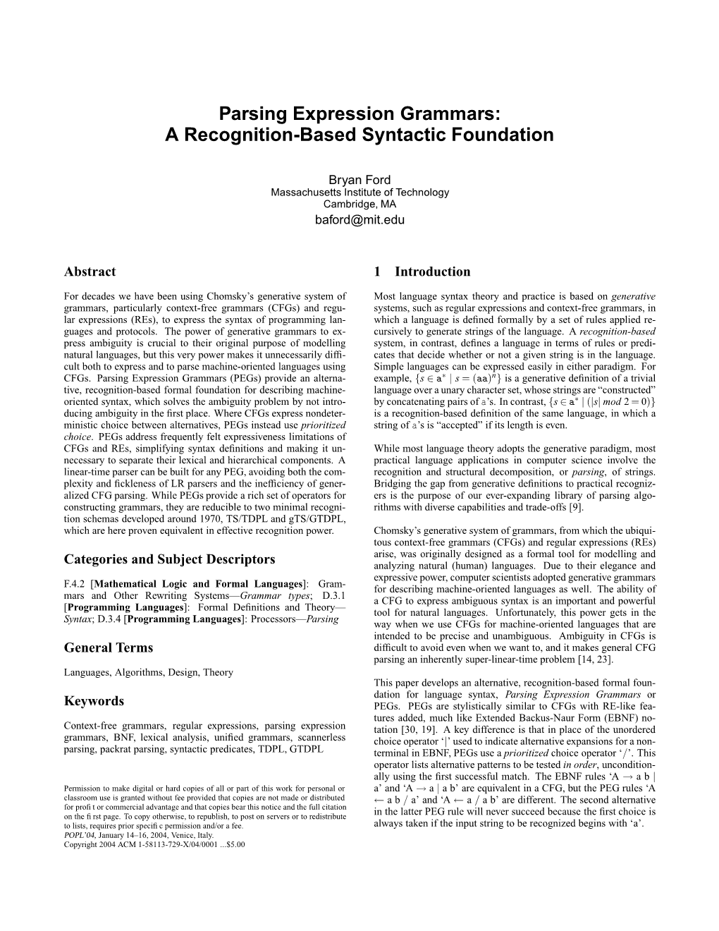 Parsing Expression Grammars: a Recognition-Based Syntactic Foundation