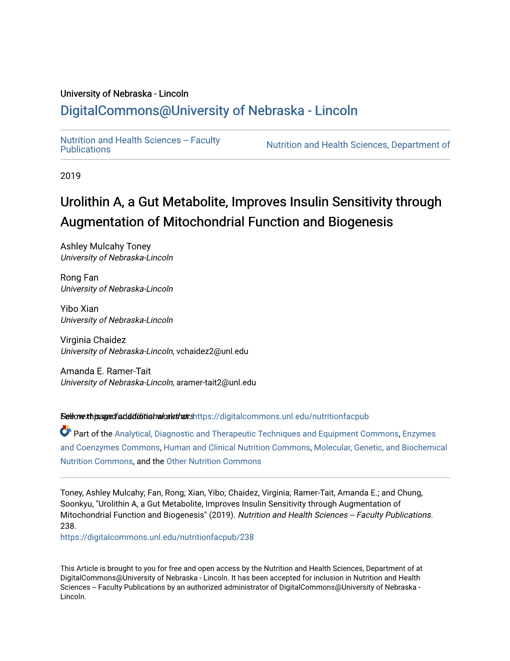 Urolithin A, a Gut Metabolite, Improves Insulin Sensitivity Through Augmentation of Mitochondrial Function and Biogenesis