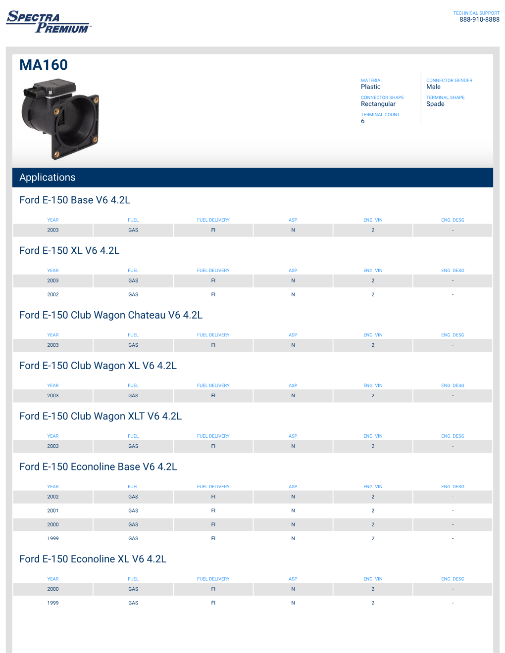 Applications Ford E-150 Base V6 4.2L Ford E-150