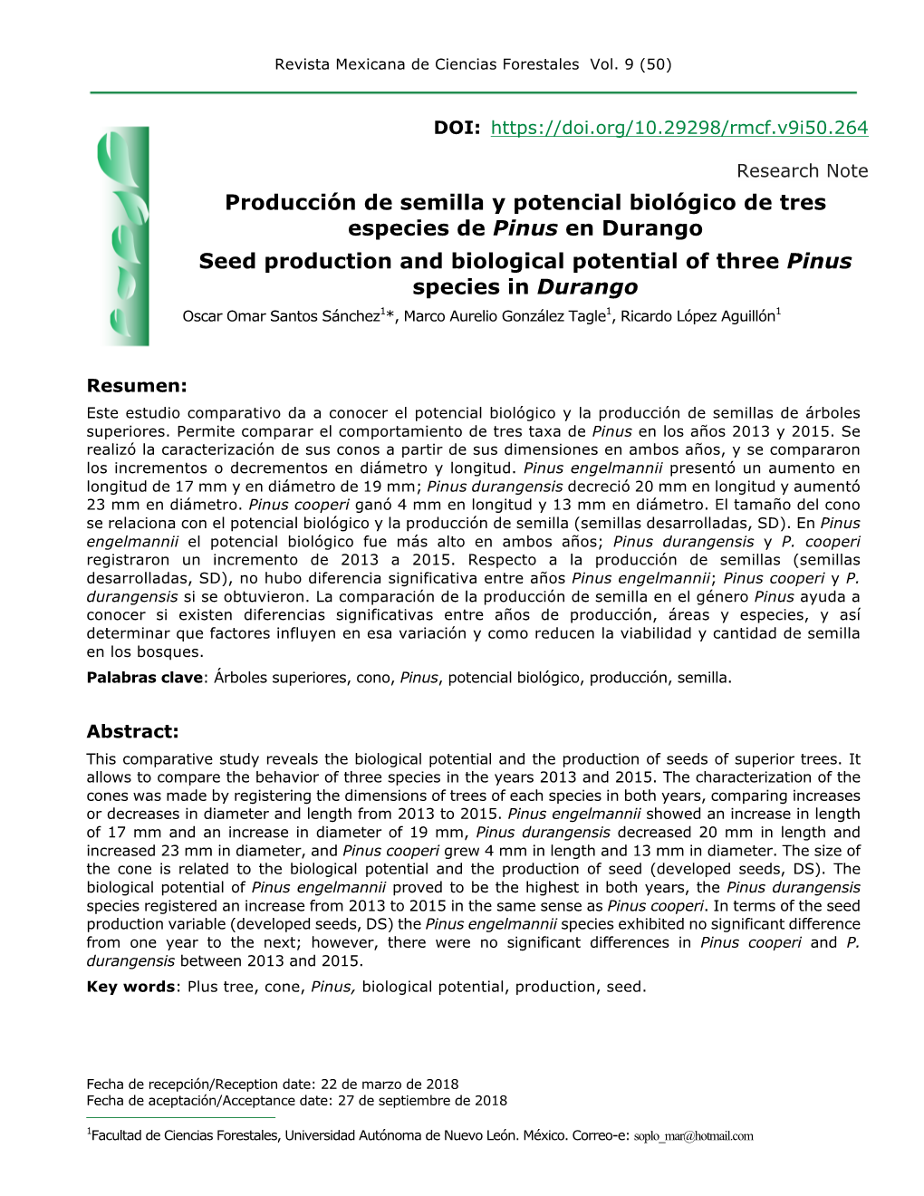 Producción De Semilla Y Potencial Biológico De Tres Especies De Pinus