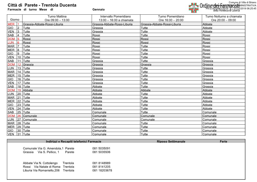 Città Di Parete - Trentola Ducenta Smistamento: AREA AMMINISTRATIVA Farmacie Di Turno Mese Di Gennaio Prt.G.0010941/2019 - E - 27/12/2019 08:25:45