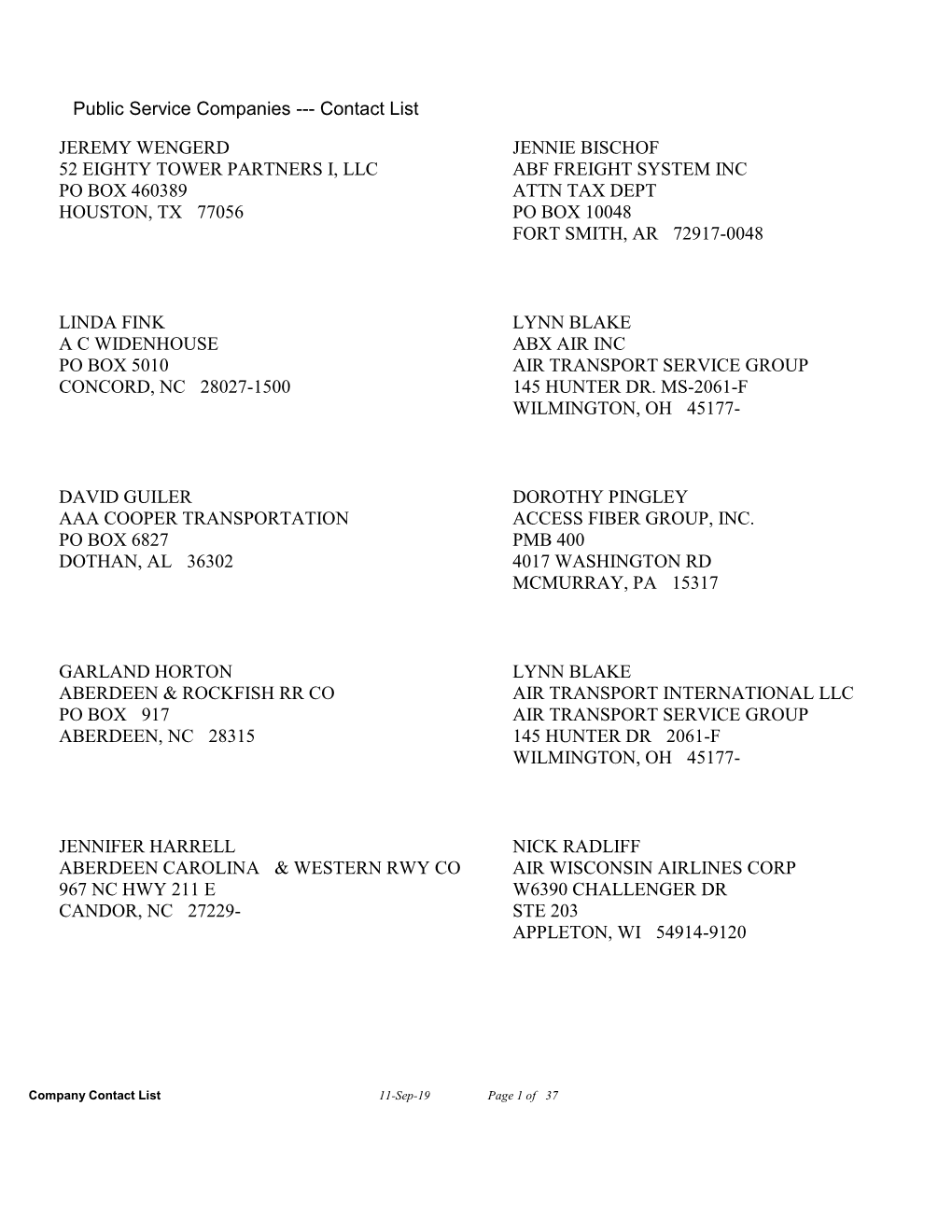 Public Service Companies --- Contact List JEREMY WENGERD JENNIE