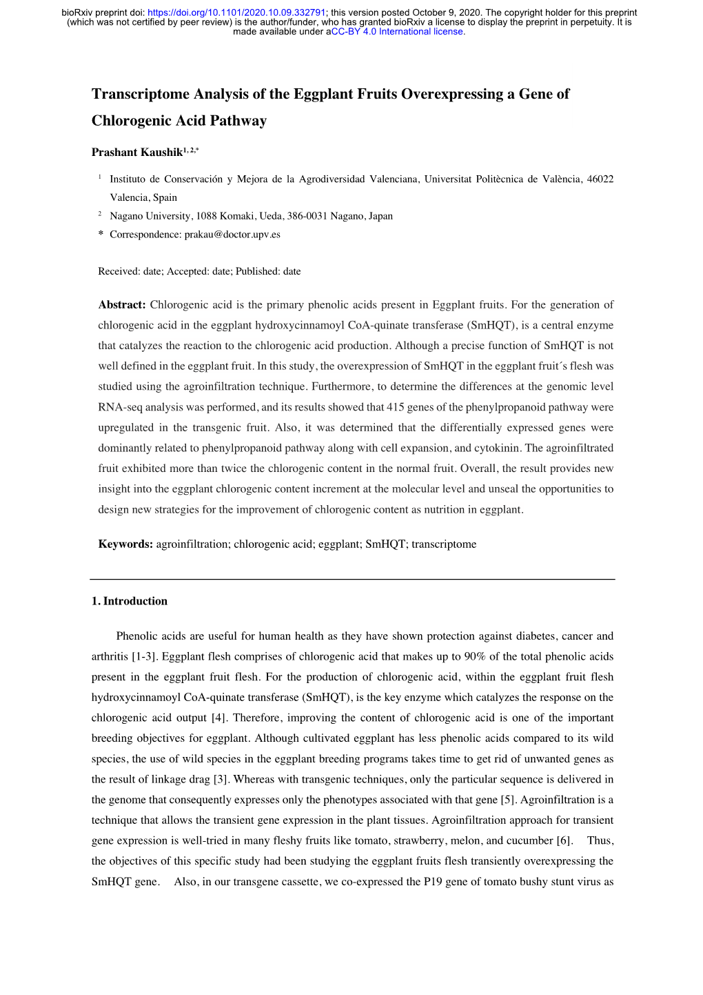 Transcriptome Analysis of the Eggplant Fruits Overexpressing a Gene of Chlorogenic Acid Pathway