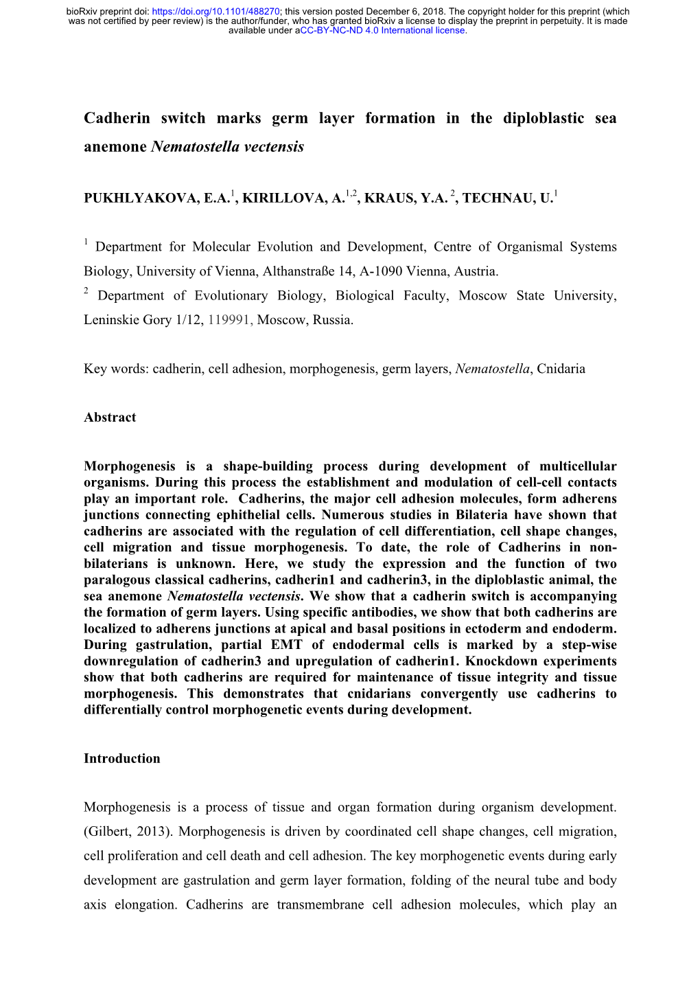 Cadherin Switch Marks Germ Layer Formation in the Diploblastic Sea Anemone Nematostella Vectensis