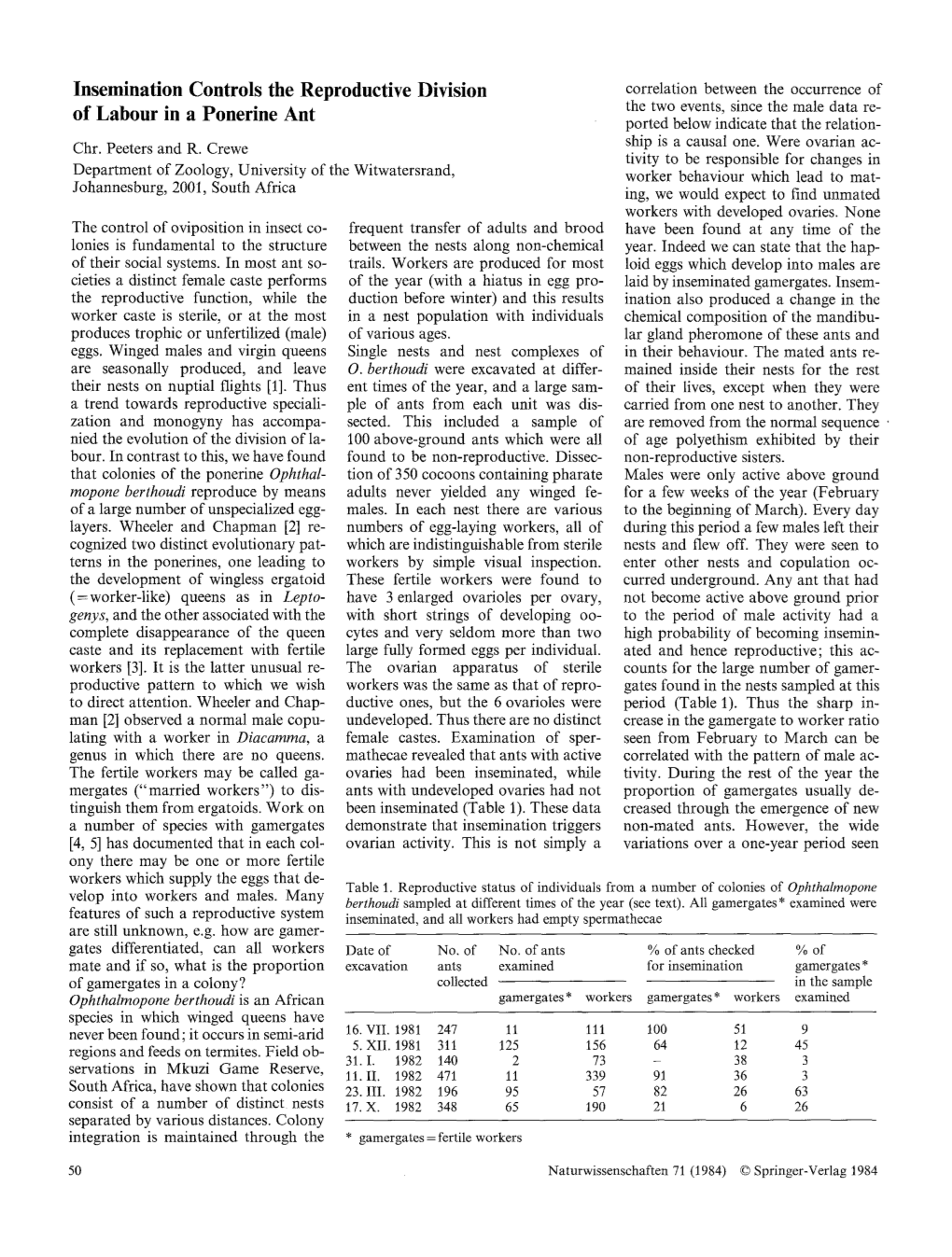 Insemination Controls the Reproductive Division of Labour in a Ponerine