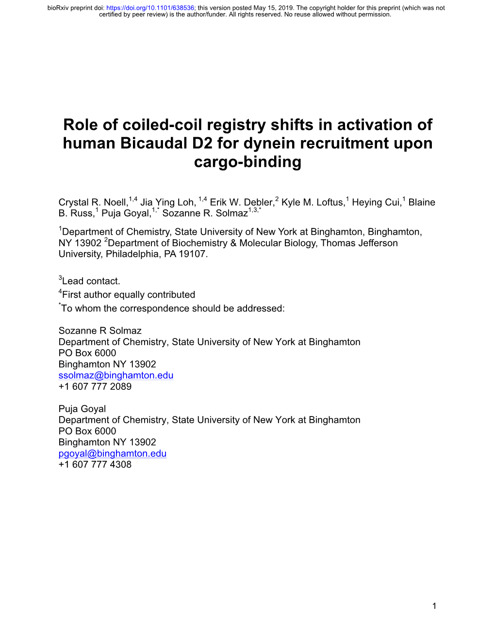 Role of Coiled-Coil Registry Shifts in Activation of Human Bicaudal D2 for Dynein Recruitment Upon Cargo-Binding