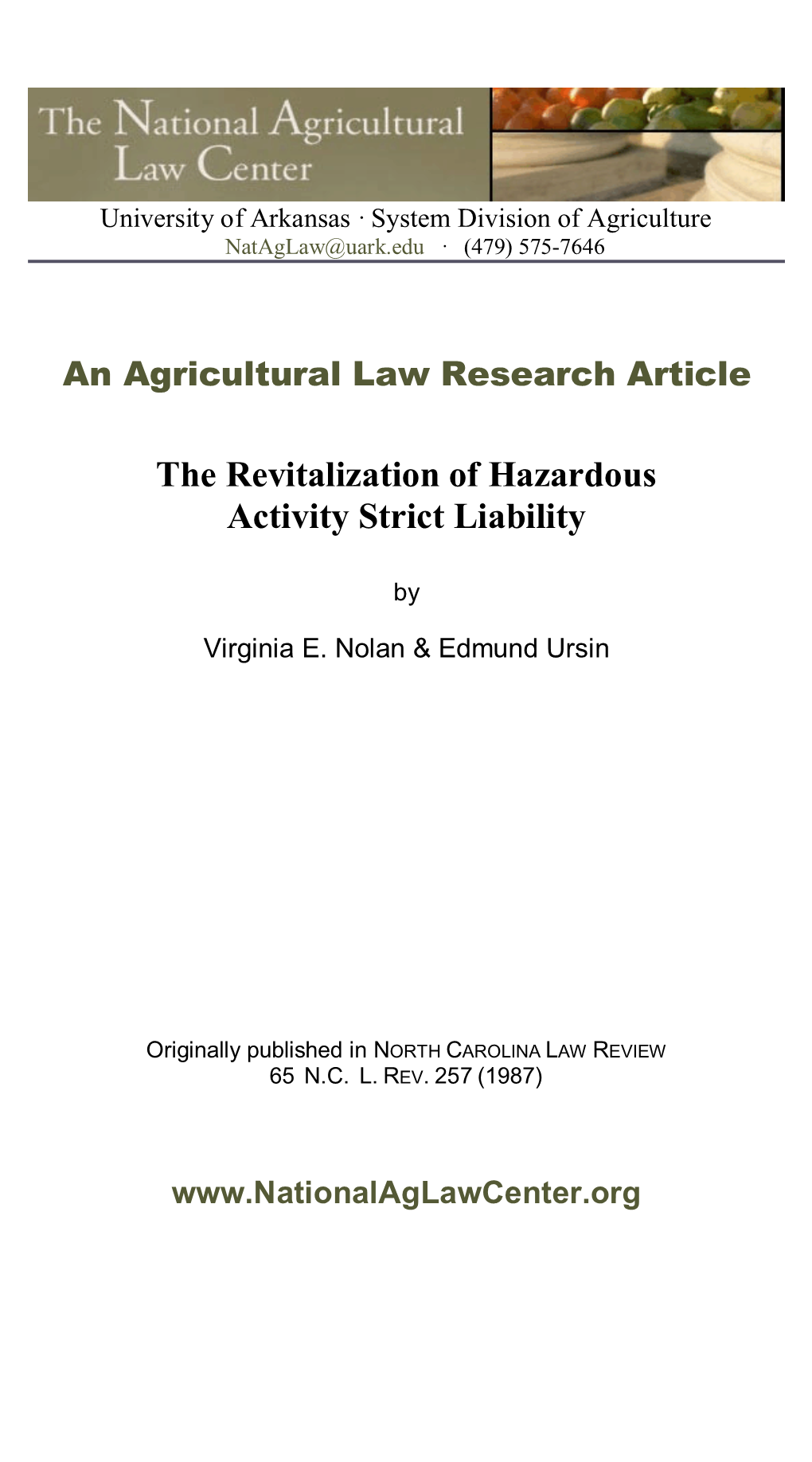 The Revitalization of Hazardous Activity Strict Liability