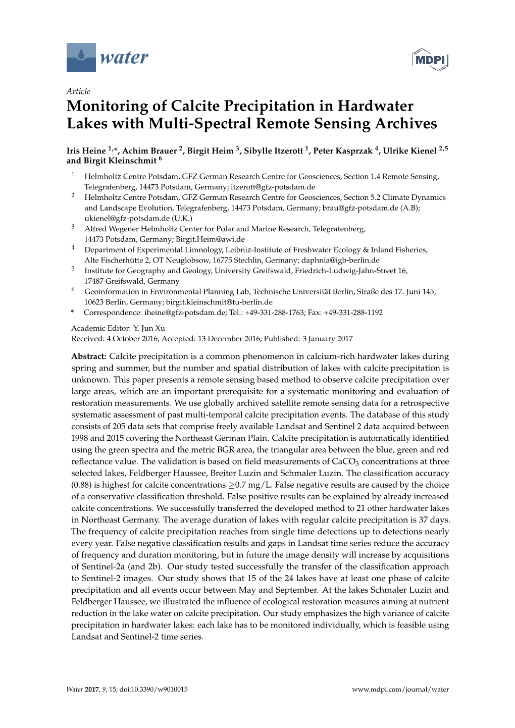 Monitoring of Calcite Precipitation in Hardwater Lakes with Multi-Spectral Remote Sensing Archives