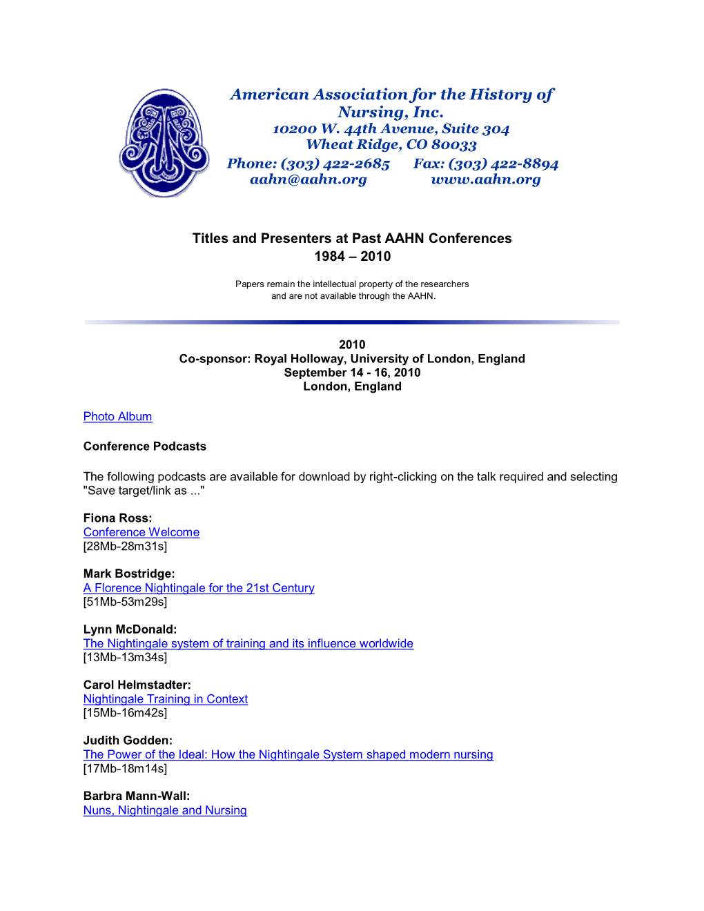 Search Titles and Presenters at Past AAHN Conferences from 1984