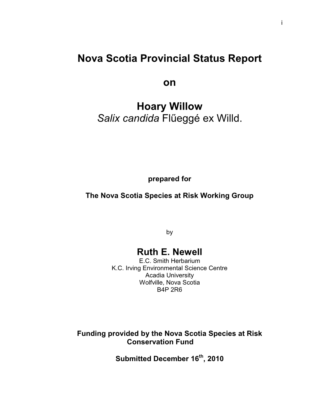 Nova Scotia Provincial Status Report on Hoary Willow Salix Candida