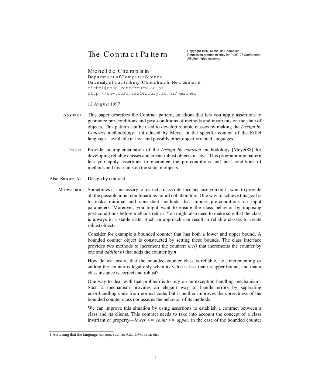 The Contract Pattern Permission Granted to Copy for Plop ’97 Conference
