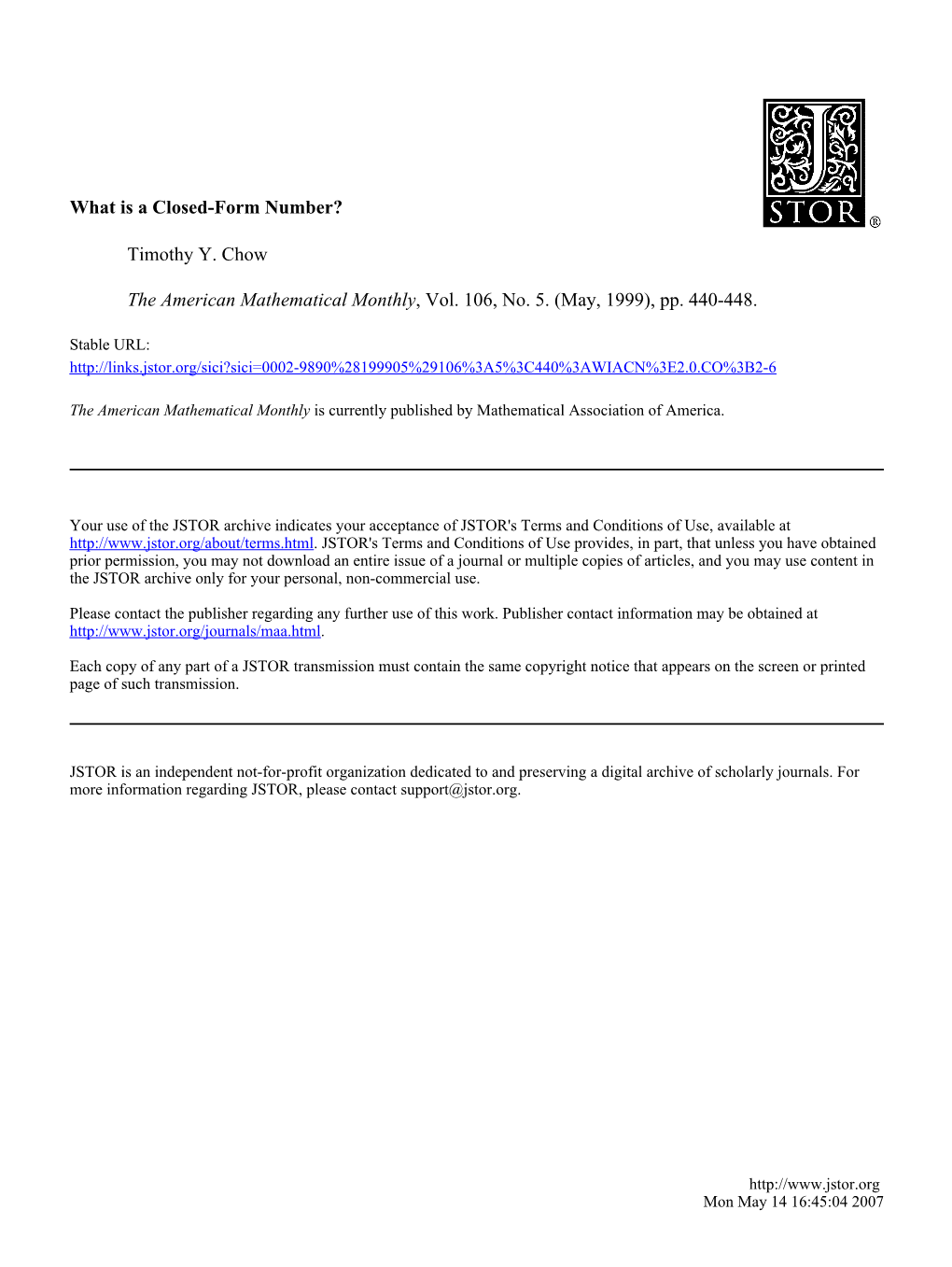 What Is a Closed-Form Number? Timothy Y. Chow the American