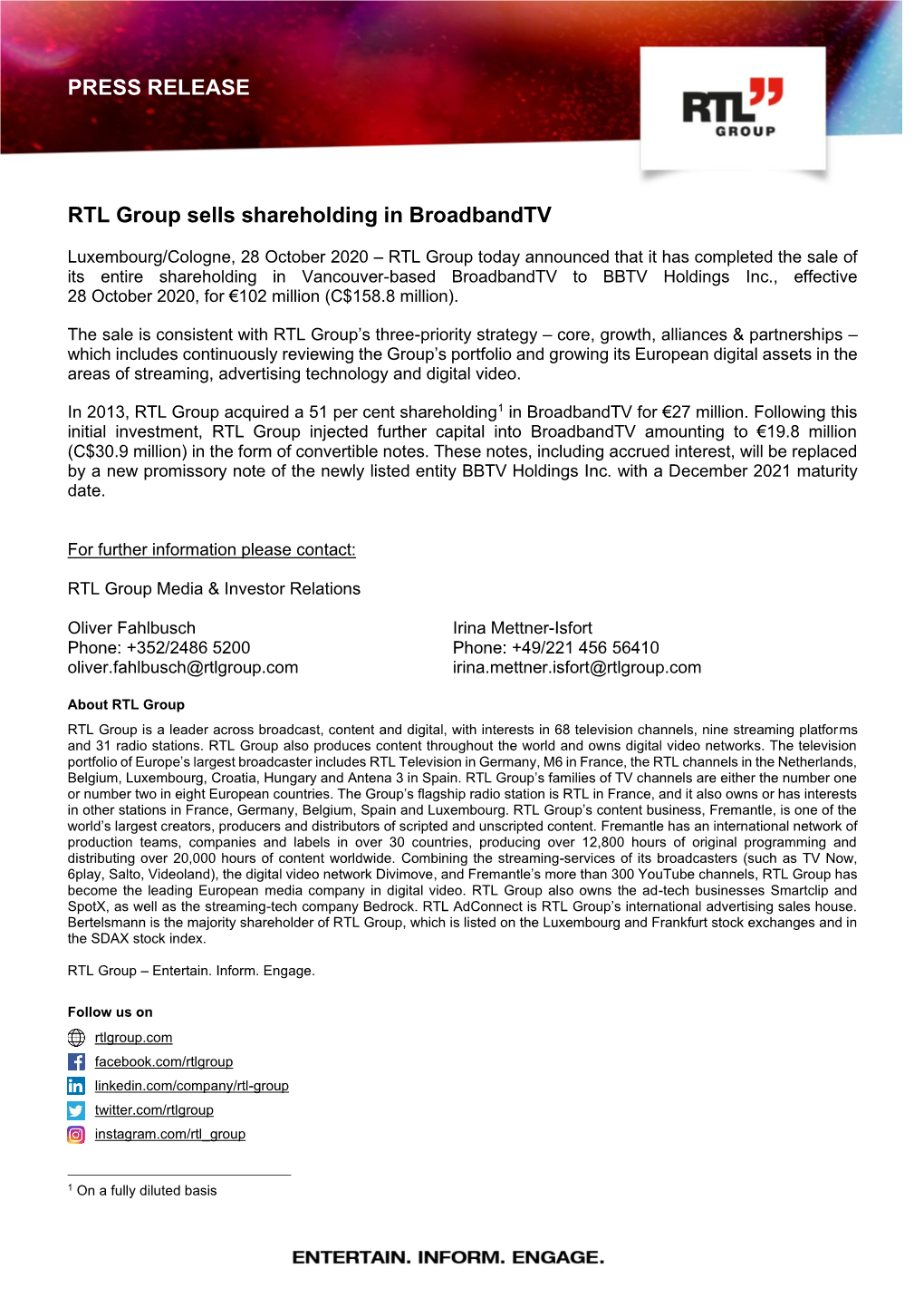 RTL Group Sells Shareholding in Broadbandtv