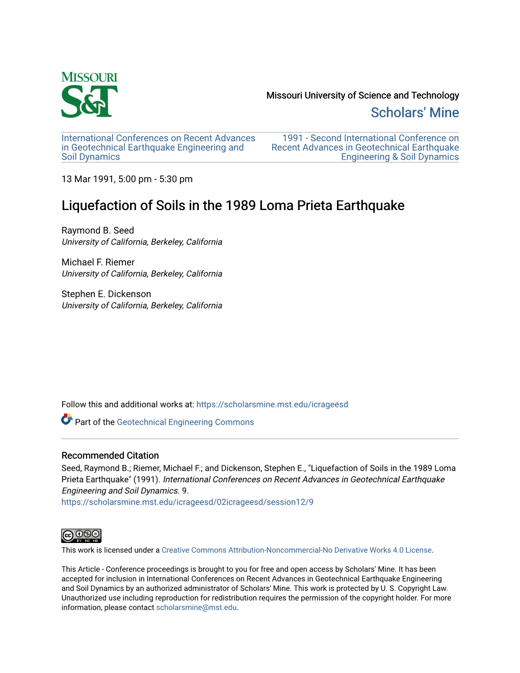 Liquefaction of Soils in the 1989 Loma Prieta Earthquake