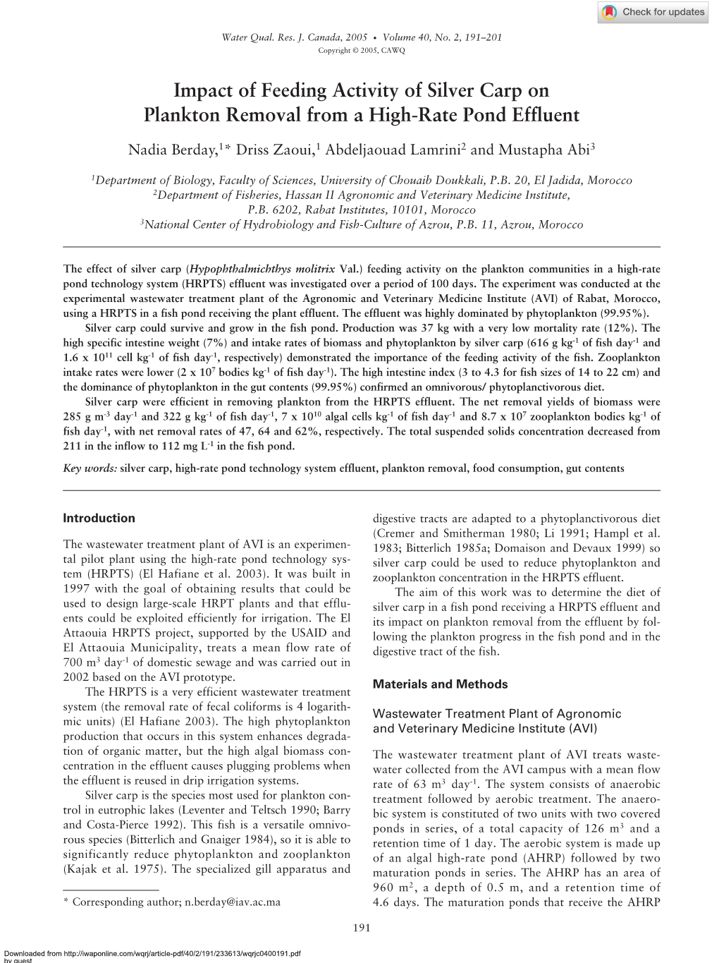 Impact of Feeding Activity of Silver Carp on Plankton Removal from a High-Rate Pond Effluent