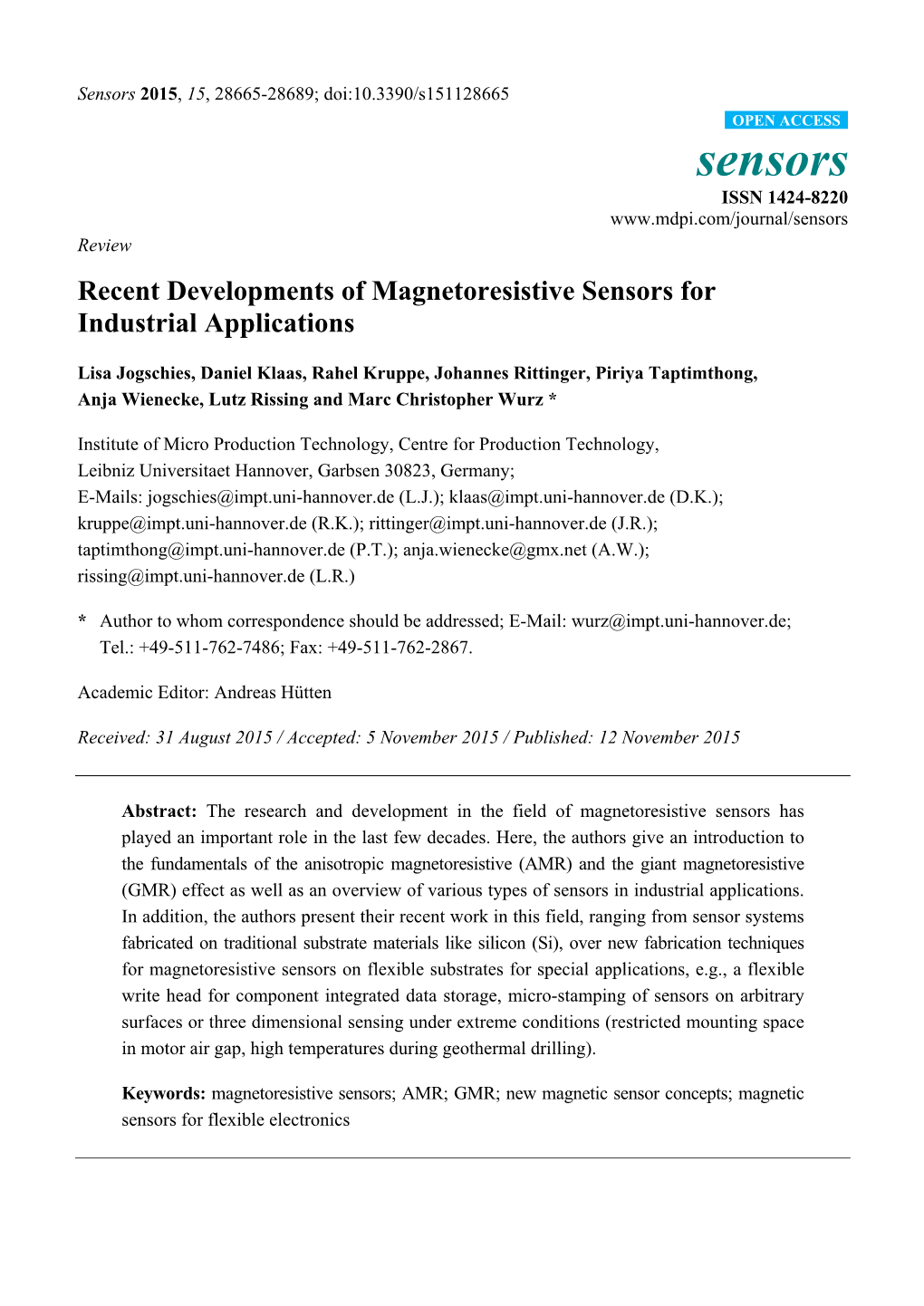 Recent Developments of Magnetoresistive Sensors for Industrial Applications