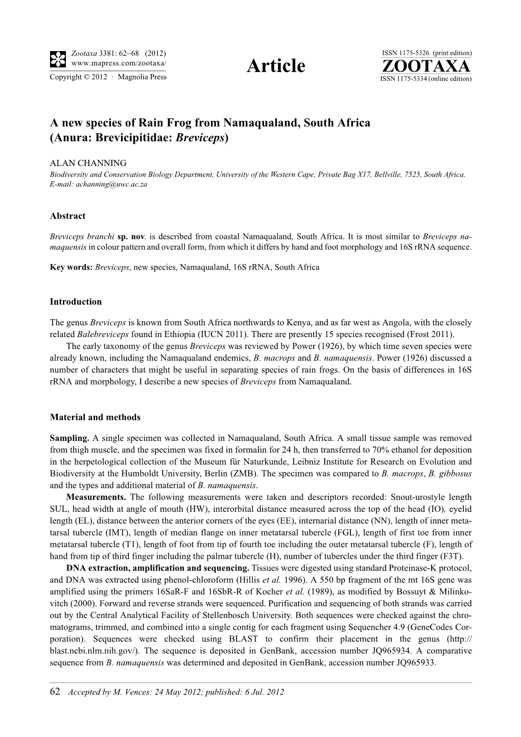 A New Species of Rain Frog from Namaqualand, South Africa (Anura: Brevicipitidae: Breviceps)