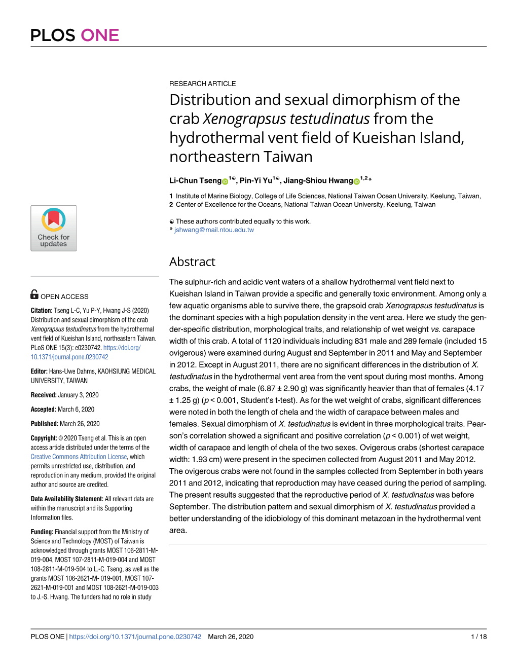Distribution and Sexual Dimorphism of the Crab Xenograpsus Testudinatus from the Hydrothermal Vent Field of Kueishan Island, Northeastern Taiwan
