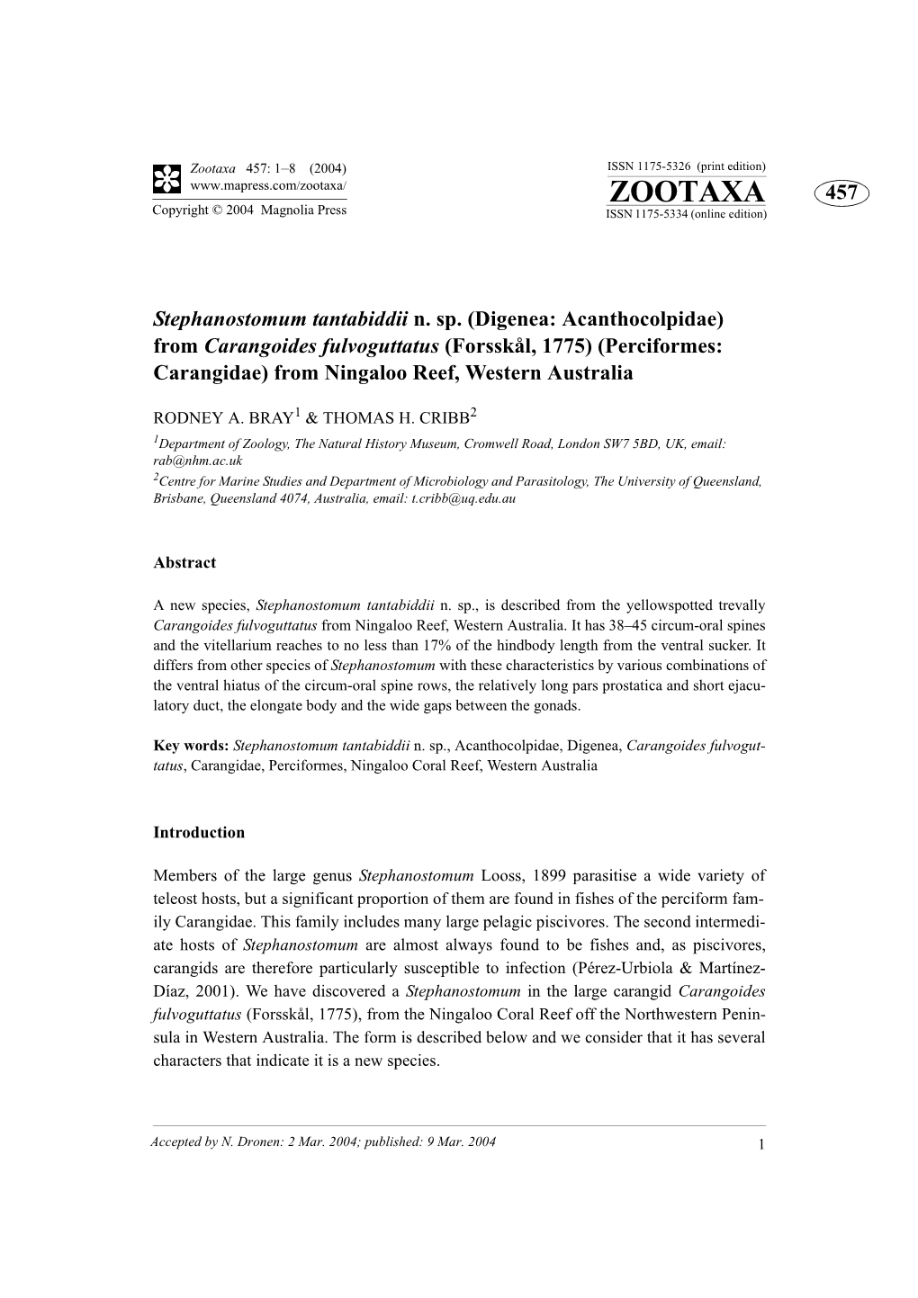 Zootaxa 457: 1–8 (2004) ISSN 1175-5326 (Print Edition) ZOOTAXA 457 Copyright © 2004 Magnolia Press ISSN 1175-5334 (Online Edition)