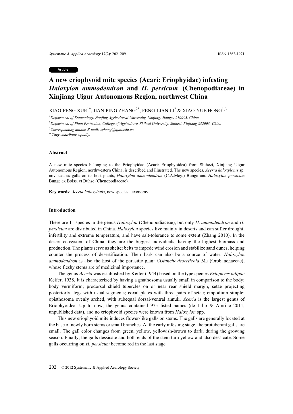 A New Eriophyoid Mite Species (Acari: Eriophyidae) Infesting Haloxylon Ammodendron and H