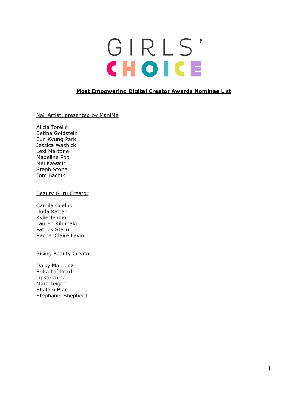 Girls Choice Digital Creator Awards Nominee List