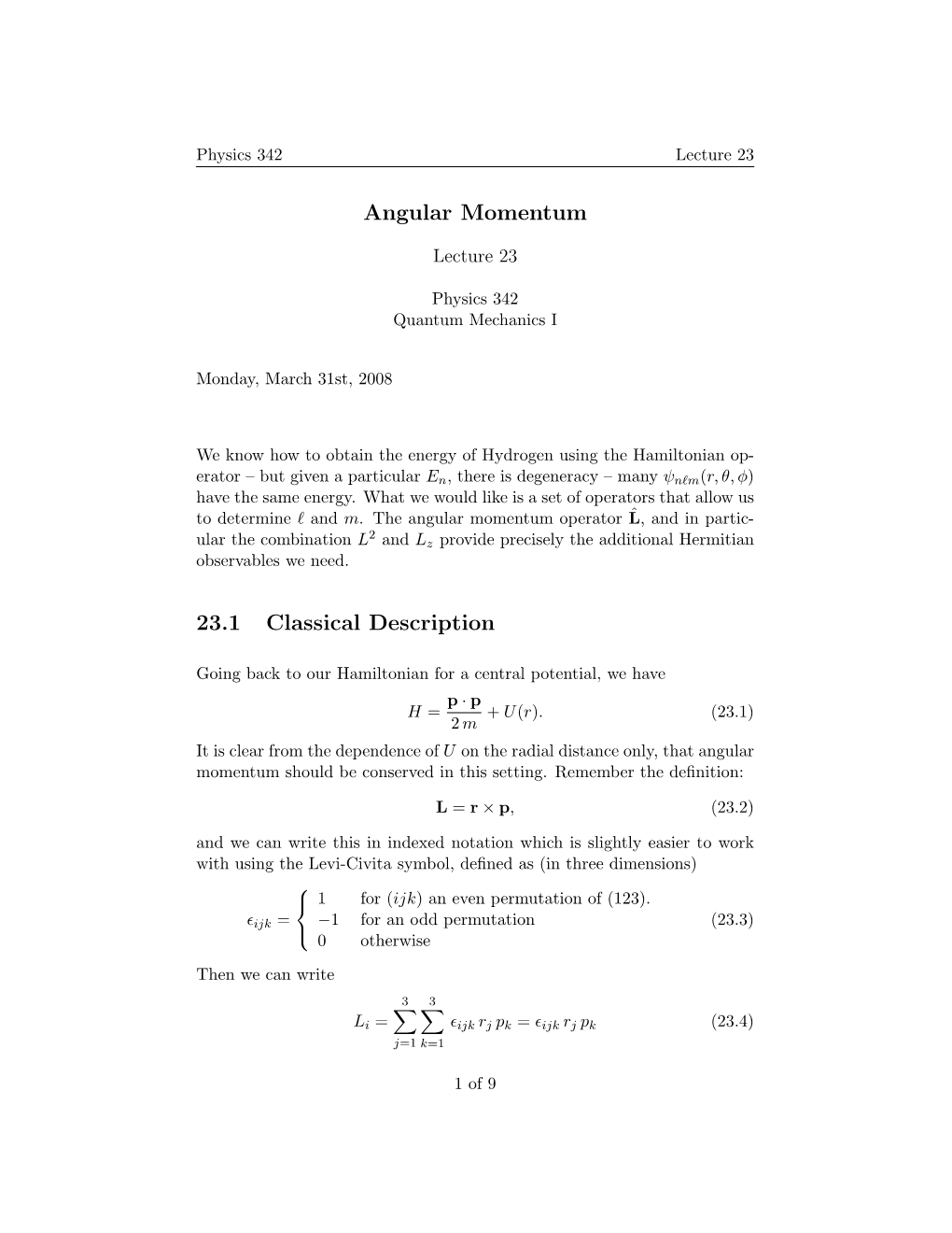 Angular Momentum 23.1 Classical Description