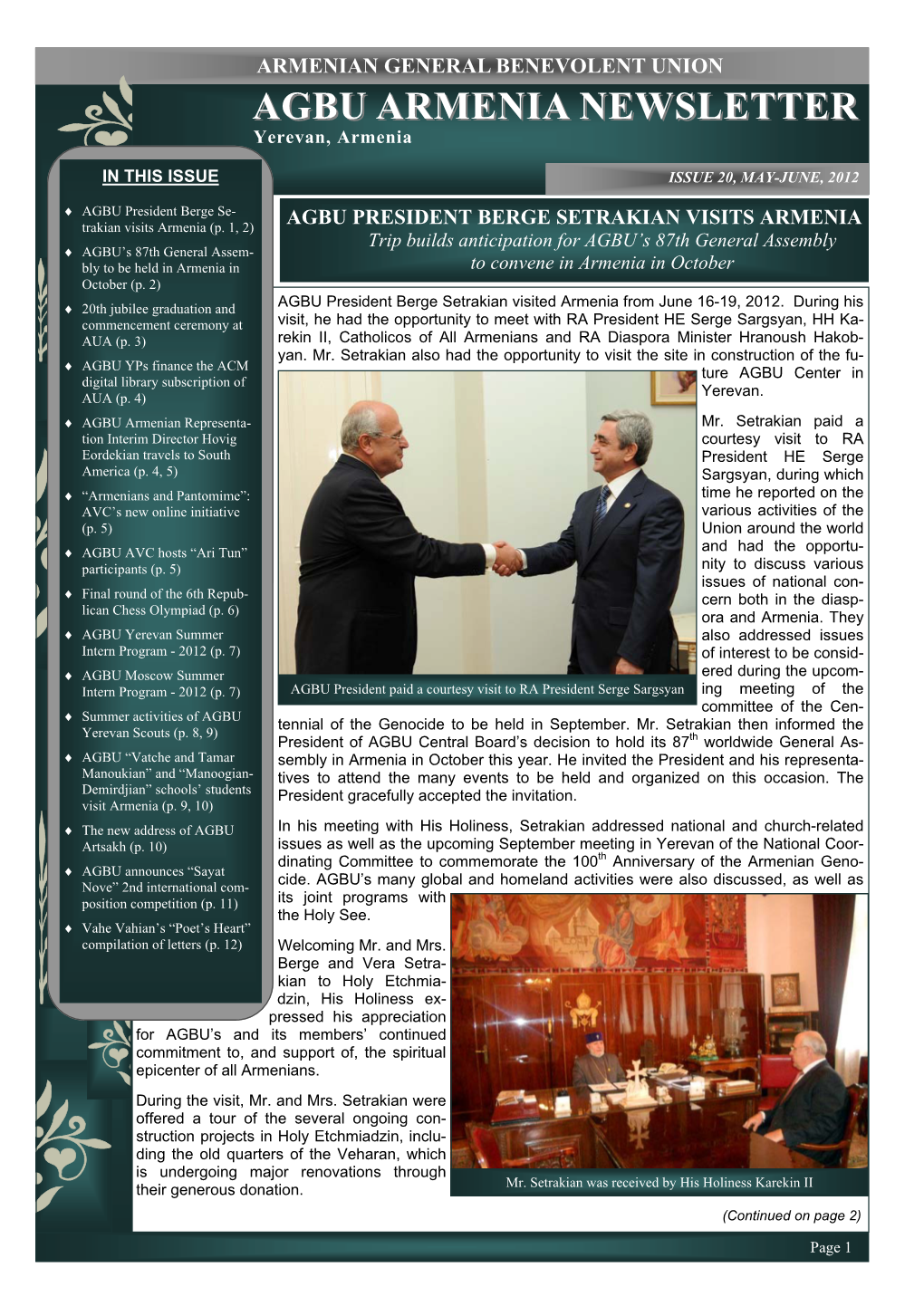 Agbu Armenia Newsletter Issue 20, May-June, 2012