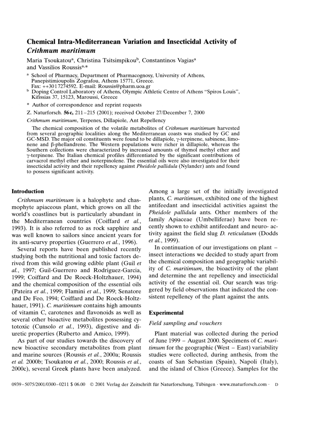 Chemical Intra-Mediterranean Variation and Insecticidal Activity of Crithmum Maritimum