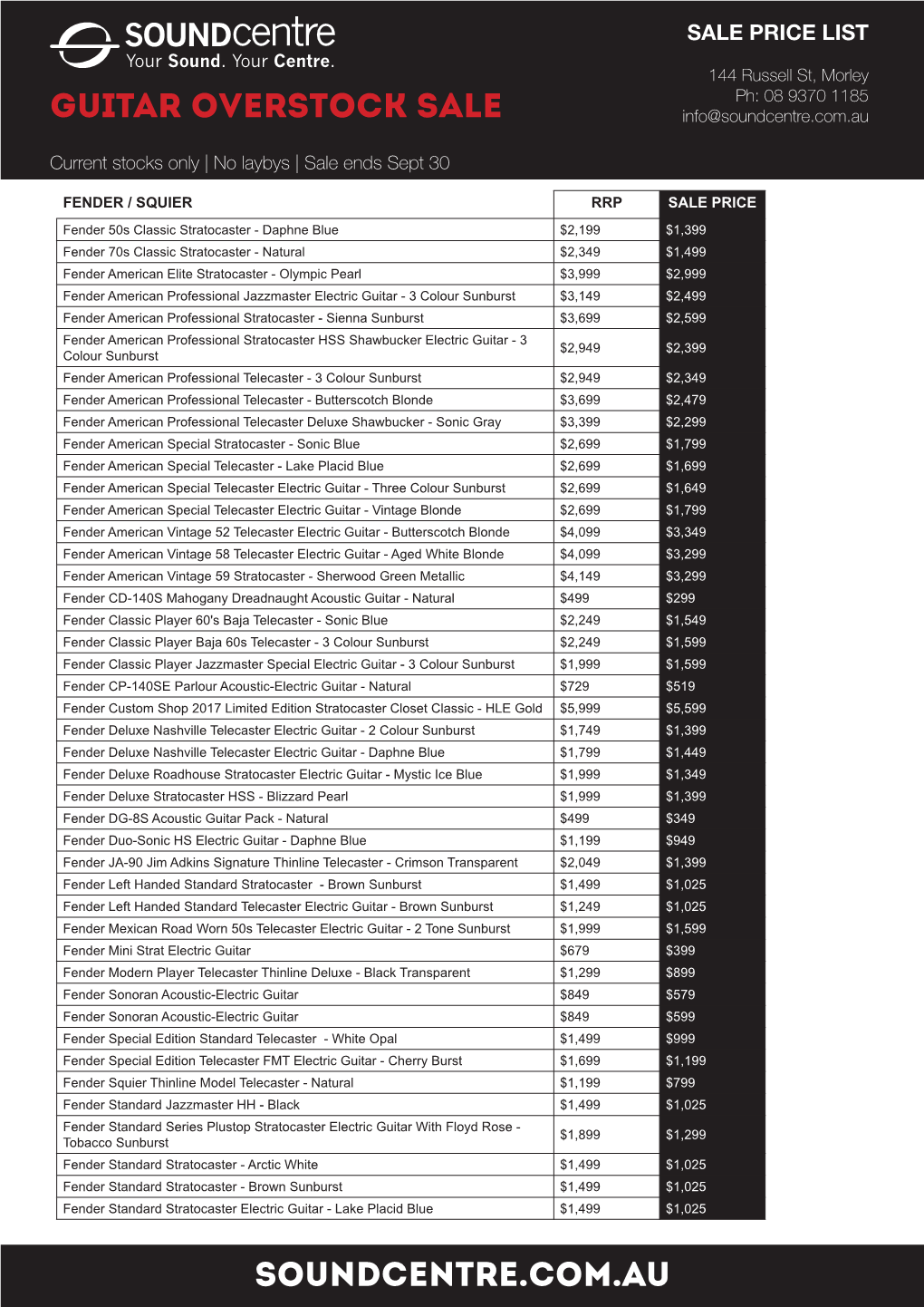 GUITAR OVERSTOCK SALE Soundcentre.Com.Au