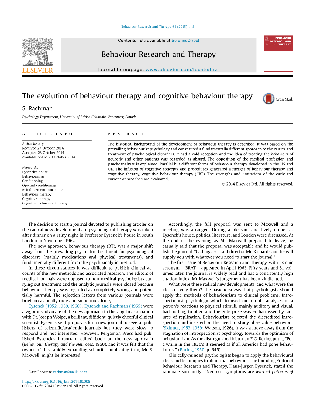 The Evolution of Behaviour Therapy and Cognitive Behaviour Therapy